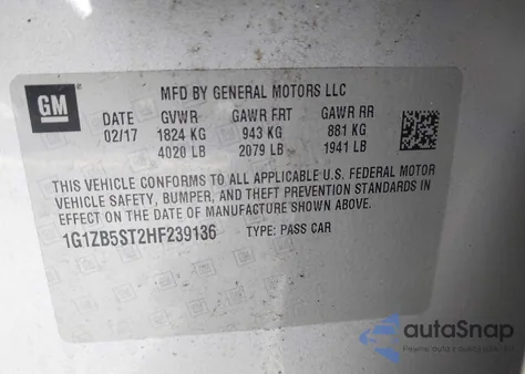 2017 Chevrolet Malibu Ls из США, поврежденный, VIN 1G1ZB5ST2HF239136